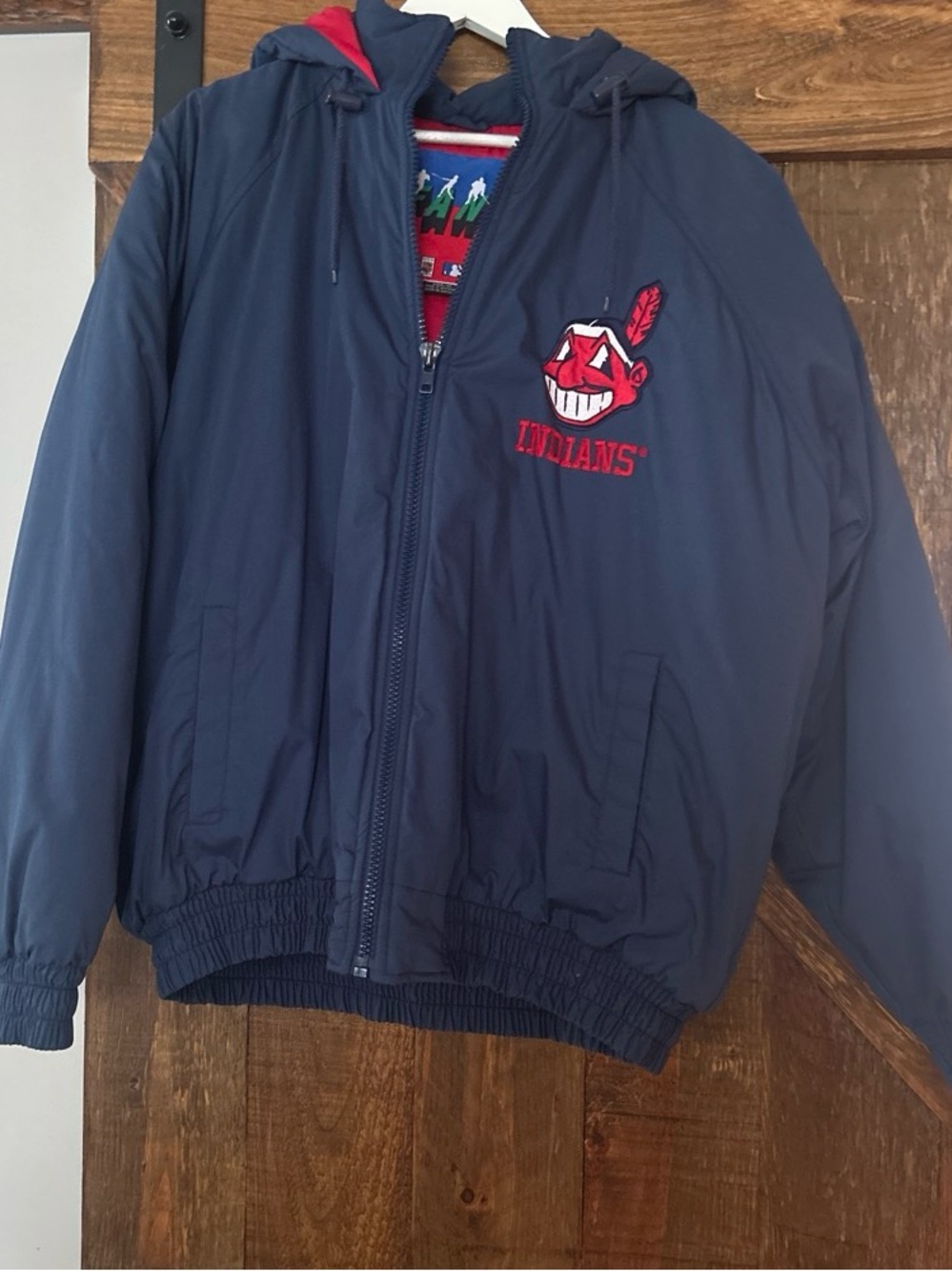 Cleveland Indians Navy Hooded Puffer Jacket with Red Accent & Team Patch